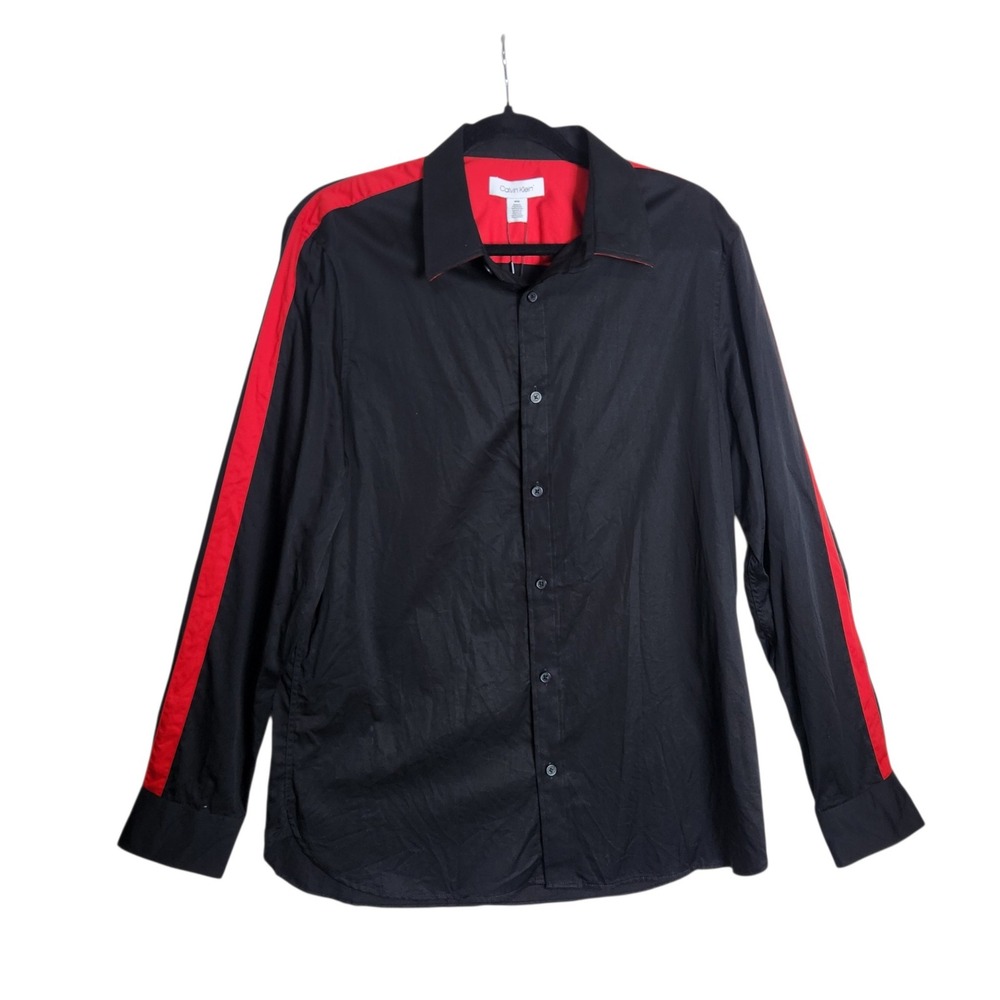 Calvin Klein Mens Black Red Stripe Long Sleeve Button Down Shirt Size M